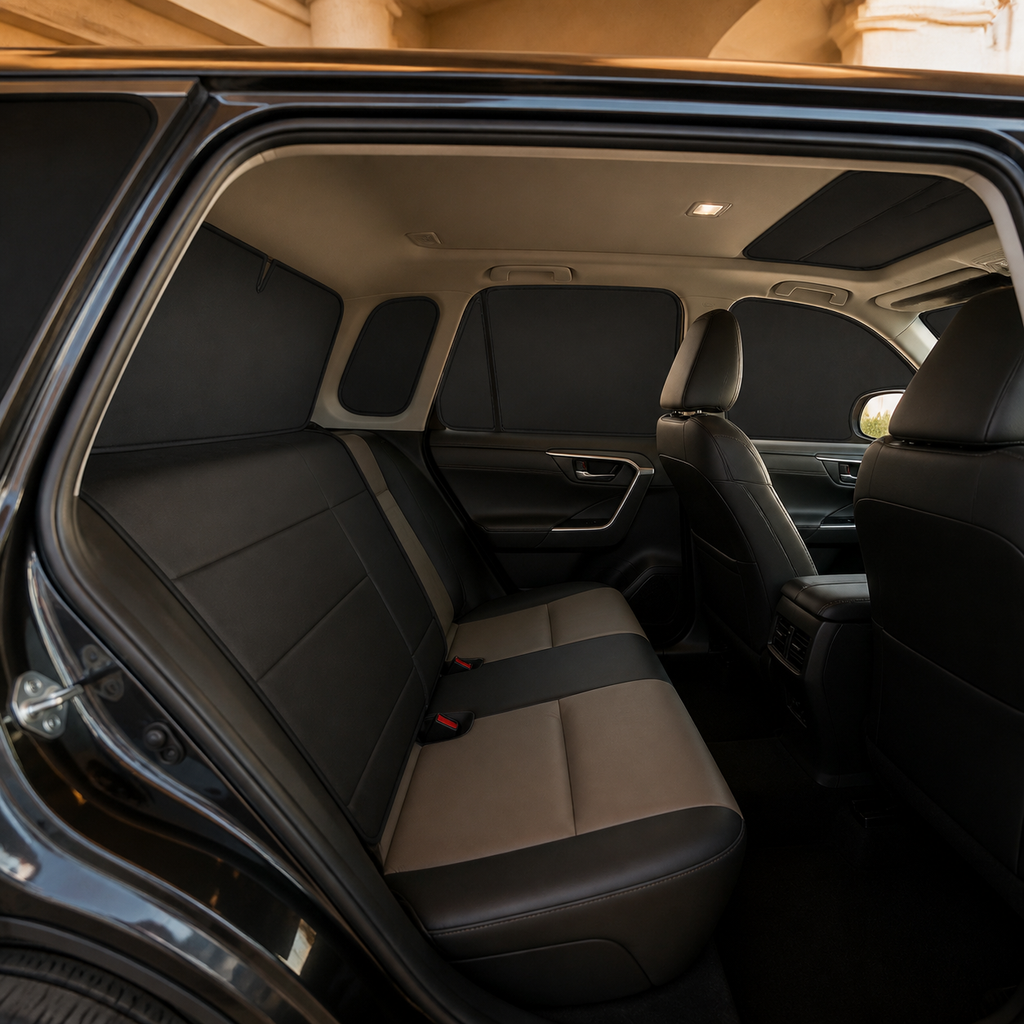 Eight-piece blackout shade system fitted in an unbranded premium SUV cabin