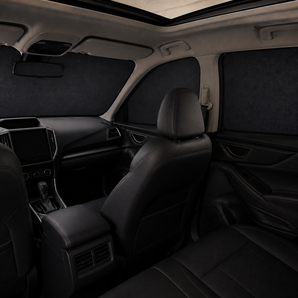8-Piece Full-Cabin Blackout Shade Set - Compatible with Subaru Forester (2019-2025) installed in a quiet parked cabin
