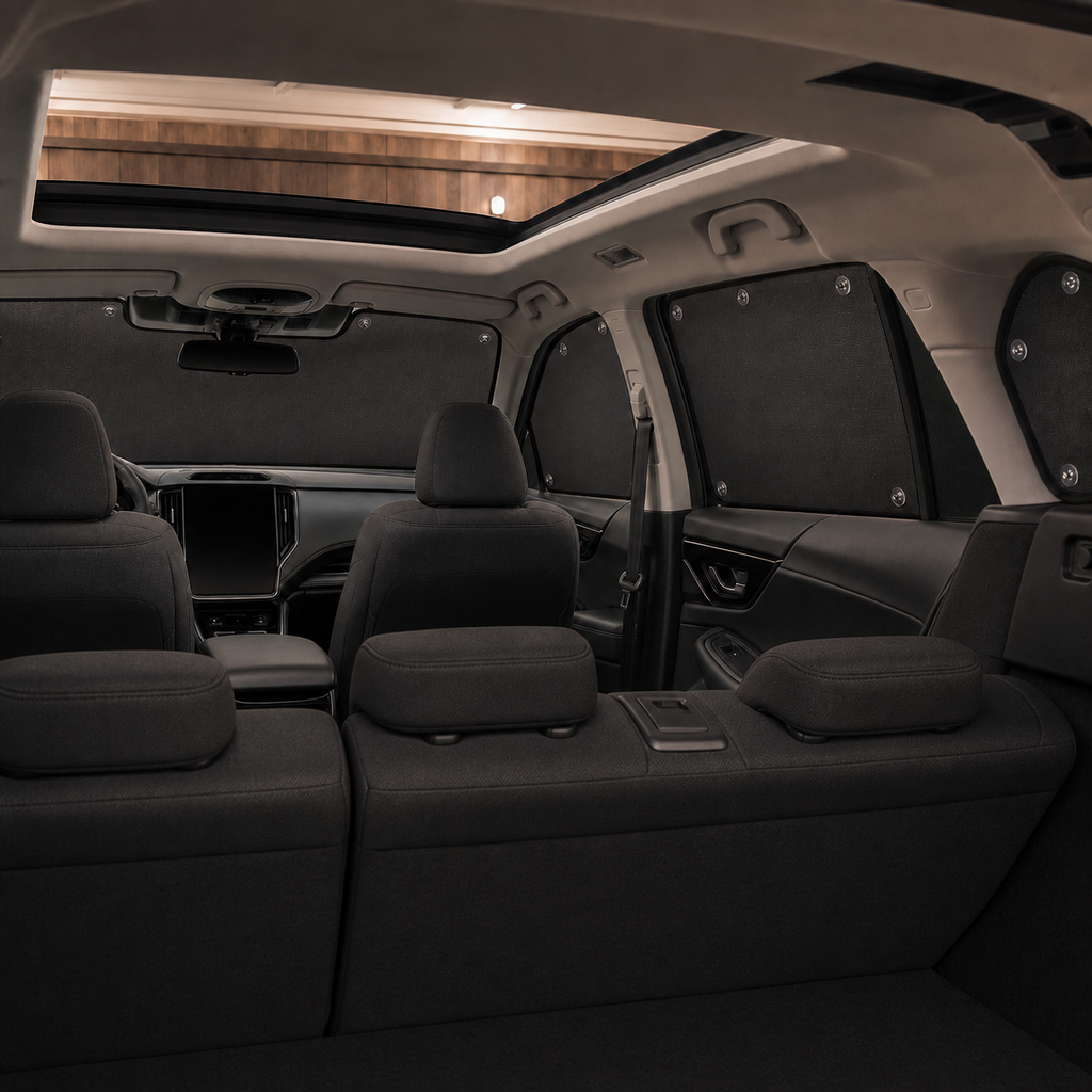 8-Piece Full-Cabin Blackout Shade Set - Compatible with Subaru Outback (2020-2025) installed in a quiet parked cabin