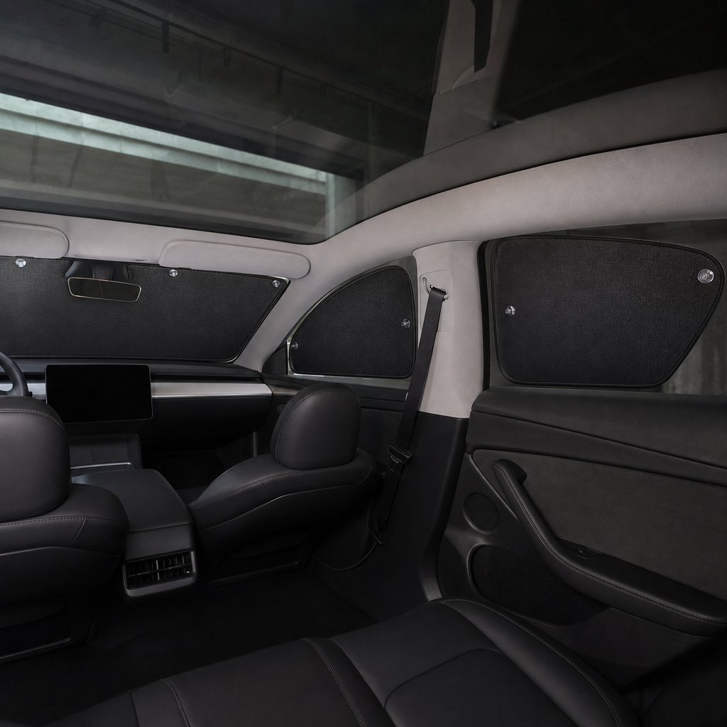 8-Piece Full-Cabin Blackout Shade Set - Compatible with Tesla Model Y (2020-2024) installed in a quiet parked cabin