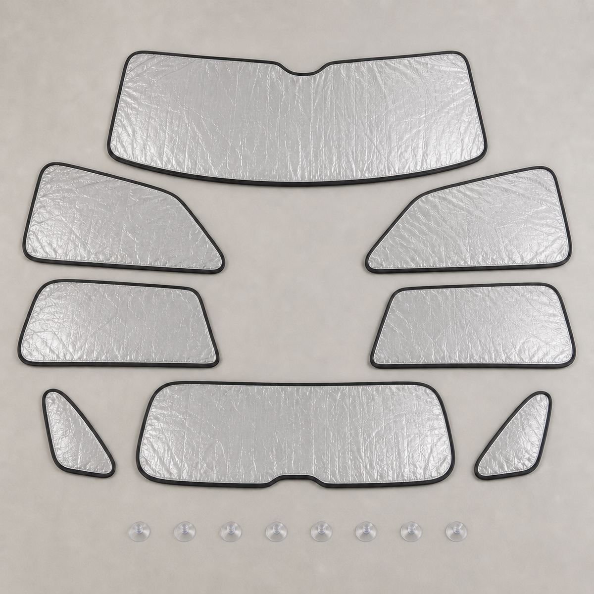 Eight separate custom-shaped full-cabin blackout shade panels