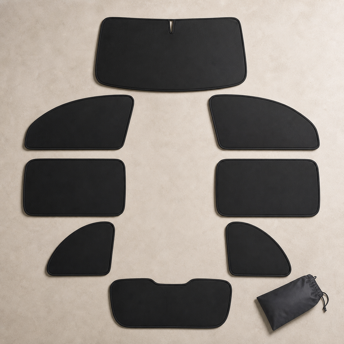 Eight separate custom-shaped blackout shade panels and a storage pouch