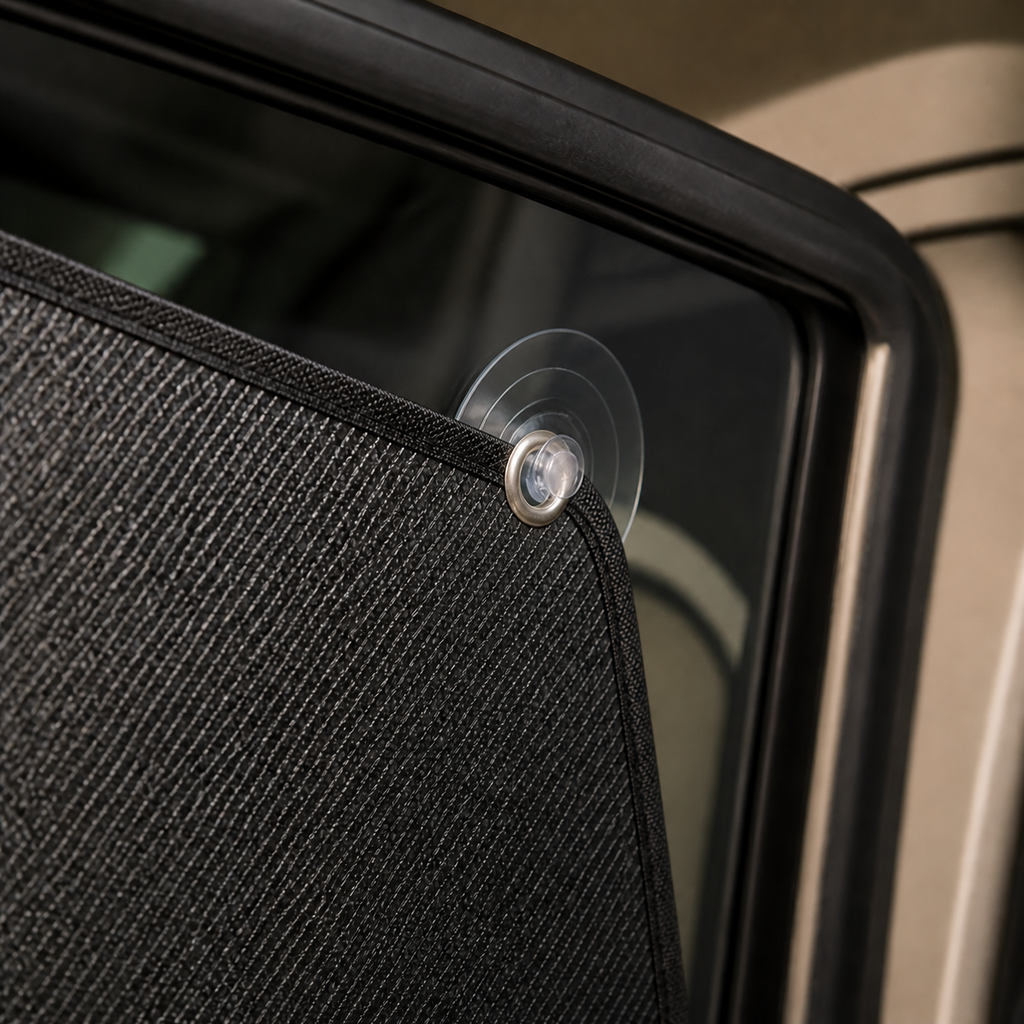Clear suction-cup mounting detail on a bound blackout panel