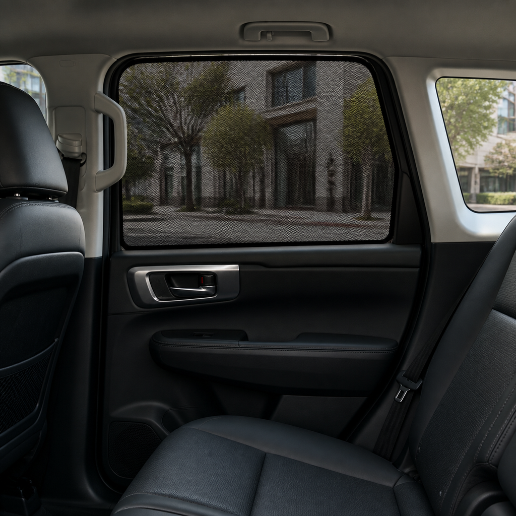 Breathable mesh shade fitted to a rear door window in a premium SUV cabin