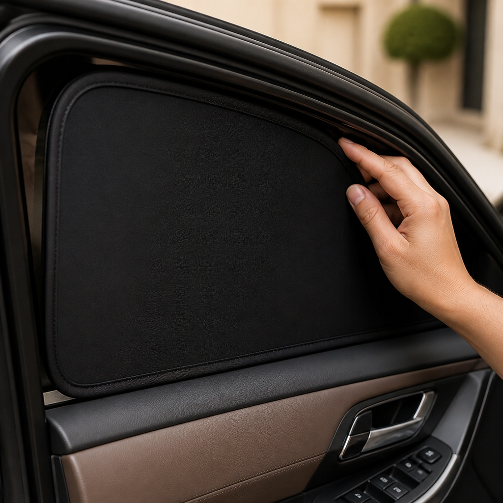 Bound spring-frame blackout shade edge tucked into a vehicle window surround