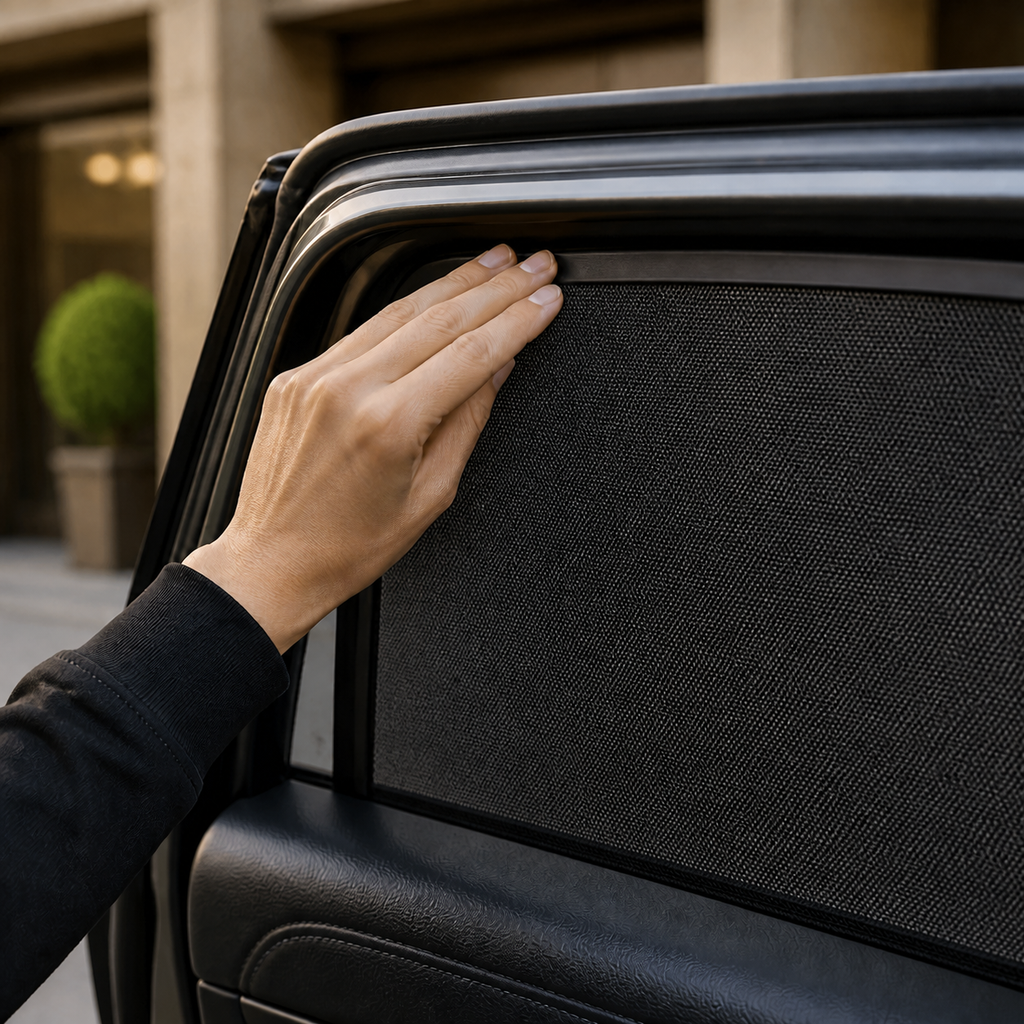 Close view of a magnetic mesh shade being seated along the upper window frame