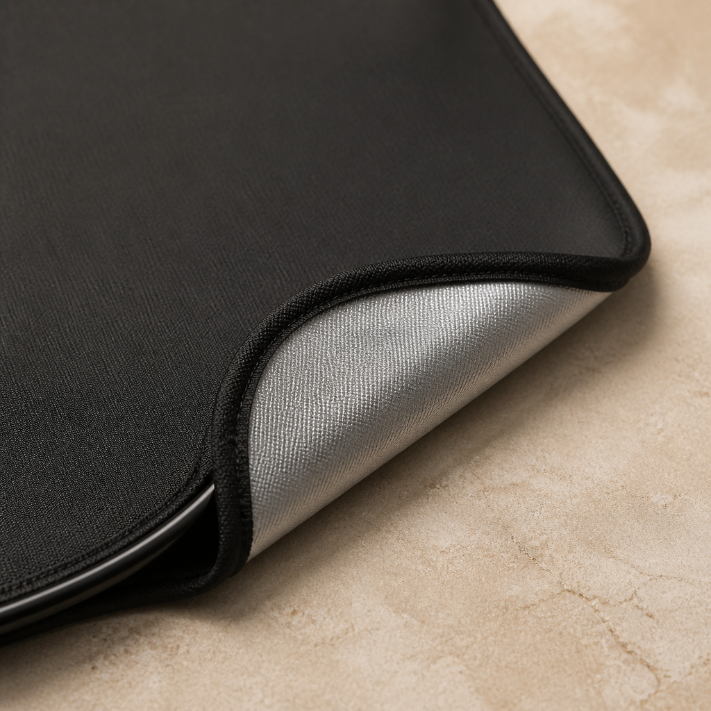 Black cabin-facing fabric and silver reflective reverse layer detail