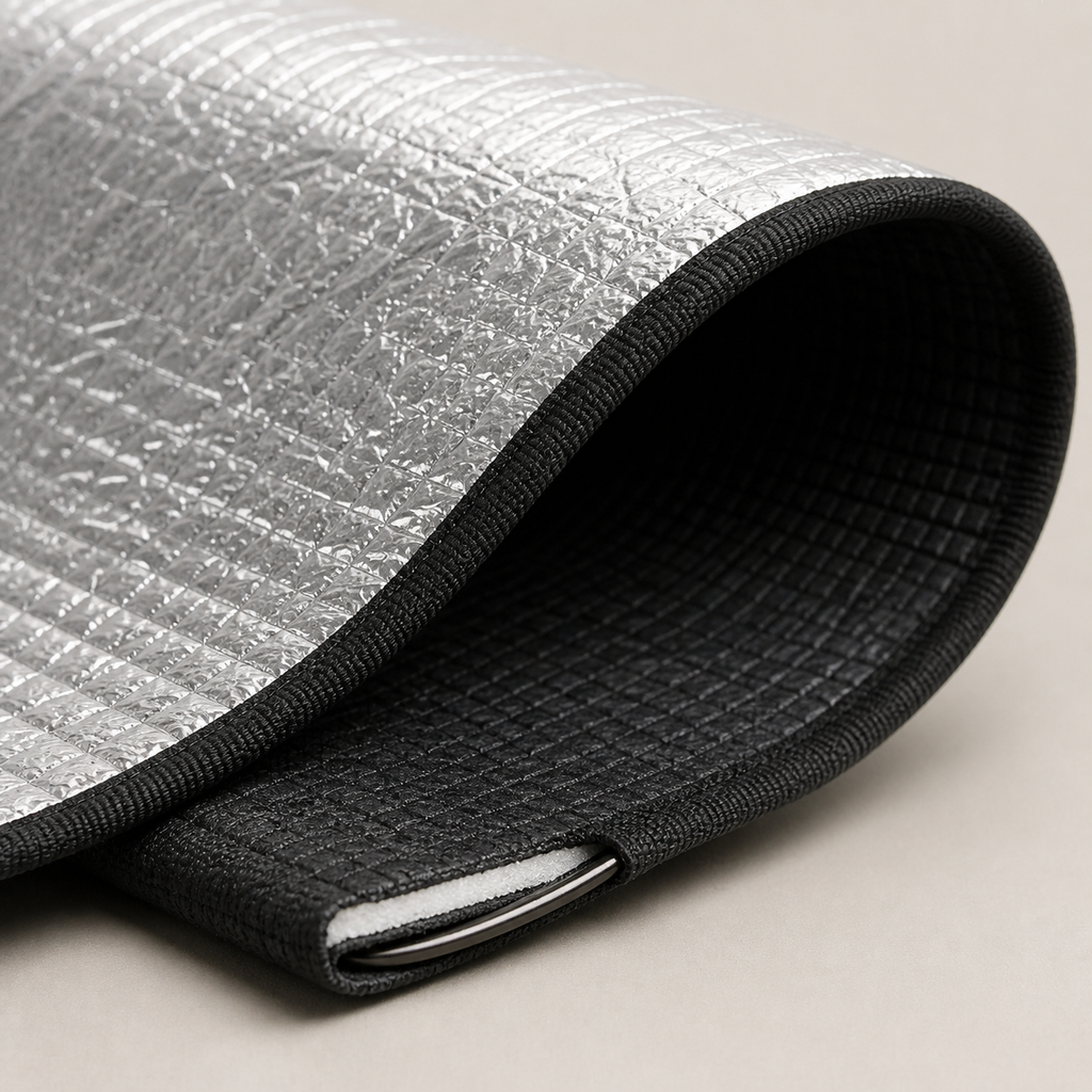 Silver exterior and black cabin-facing blackout material detail