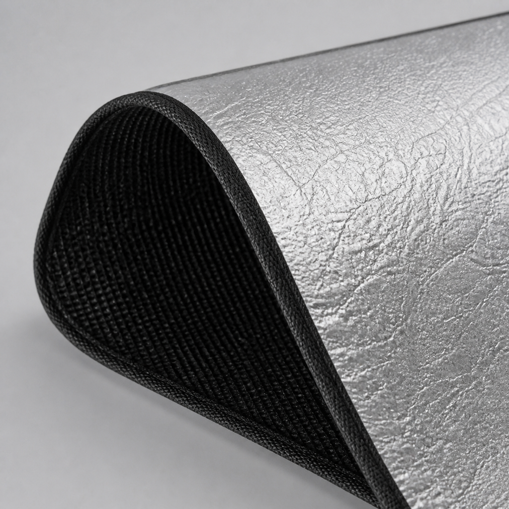 Silver exterior and black cabin-facing blackout material detail