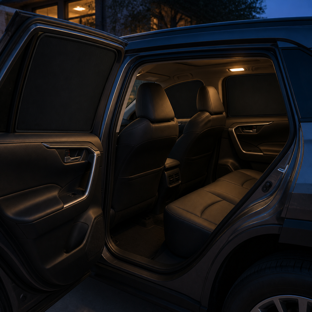 Parked unbranded SUV cabin with opaque fitted blackout shades at blue hour