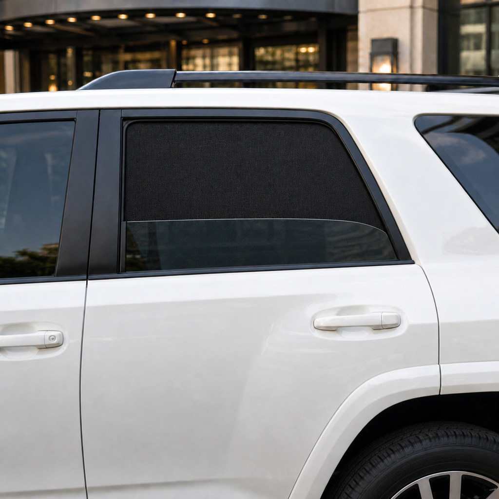 Rear door glass partially lowered behind a fitted magnetic mesh window shade