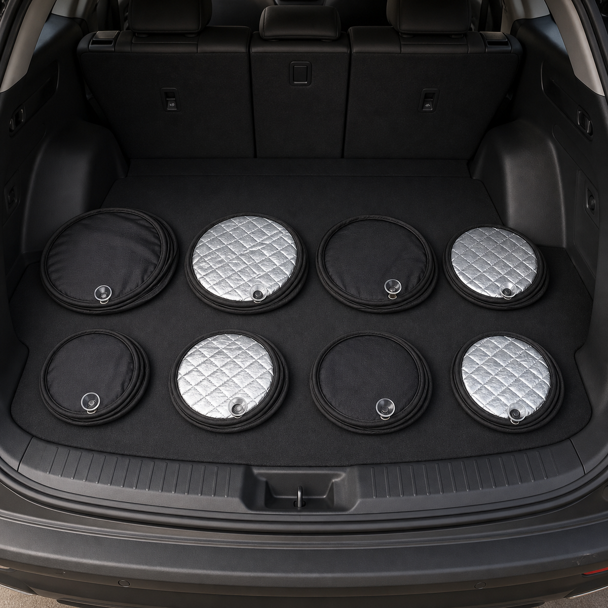 Eight twist-folded blackout panels ready for compact storage