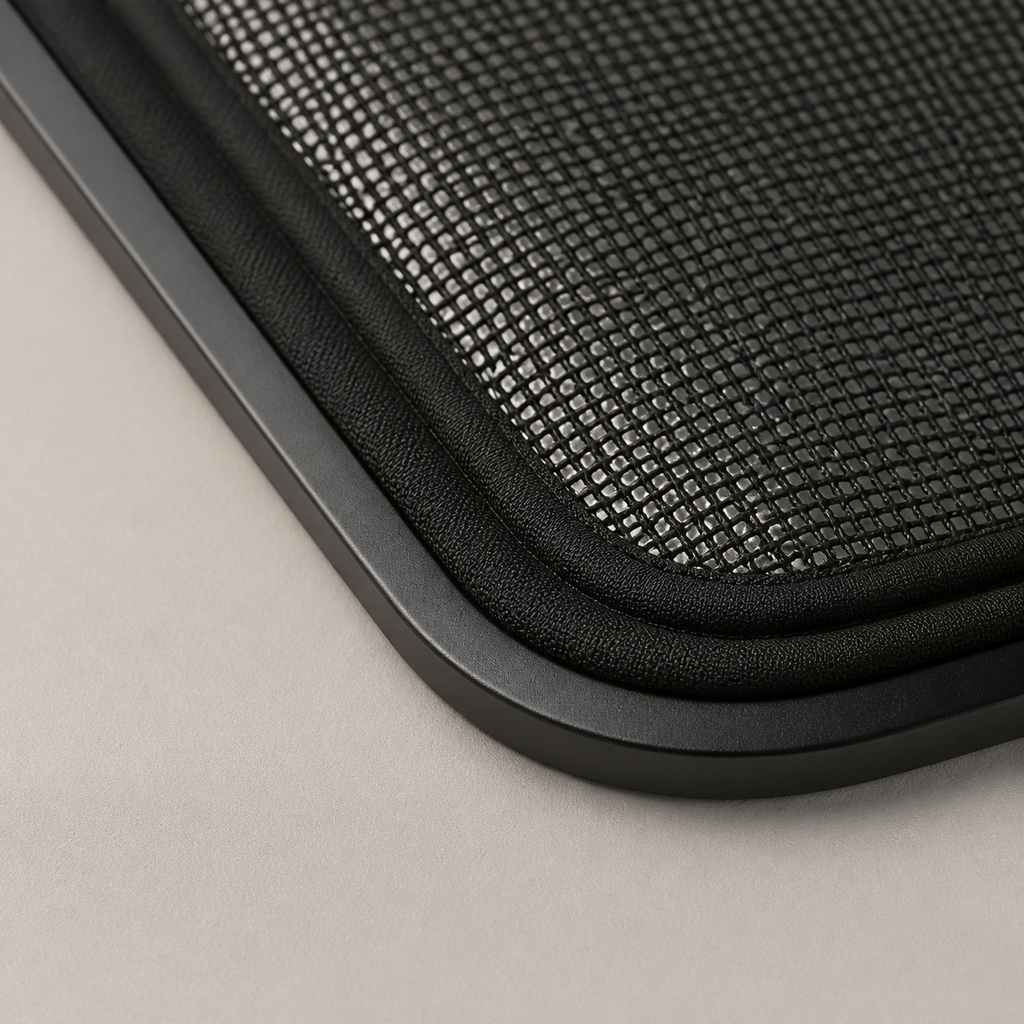 Macro detail of breathable black mesh and slim alloy magnetic edging
