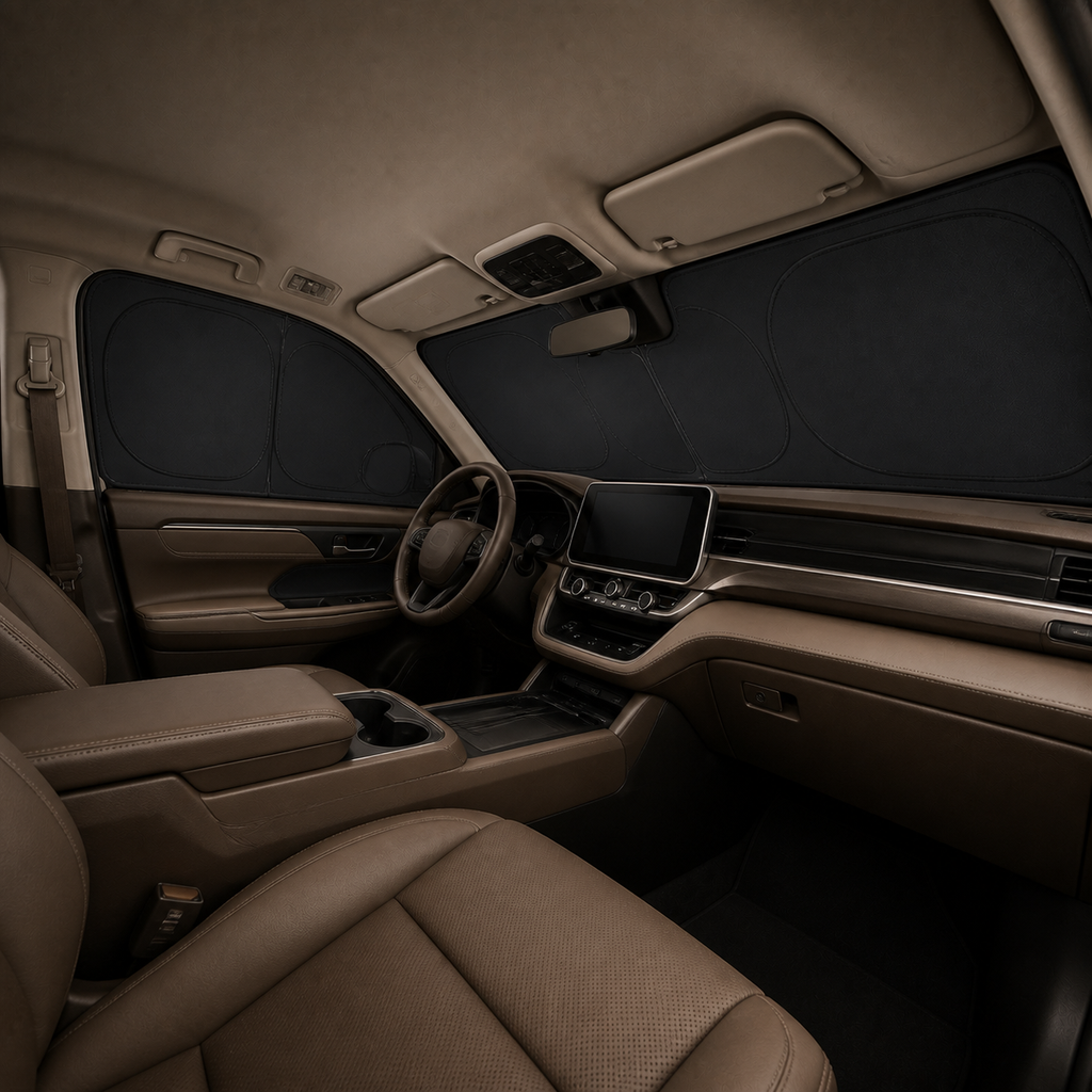 Second parked-cabin privacy view with fitted blackout panels