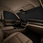 Second parked-cabin privacy view with fitted blackout panels