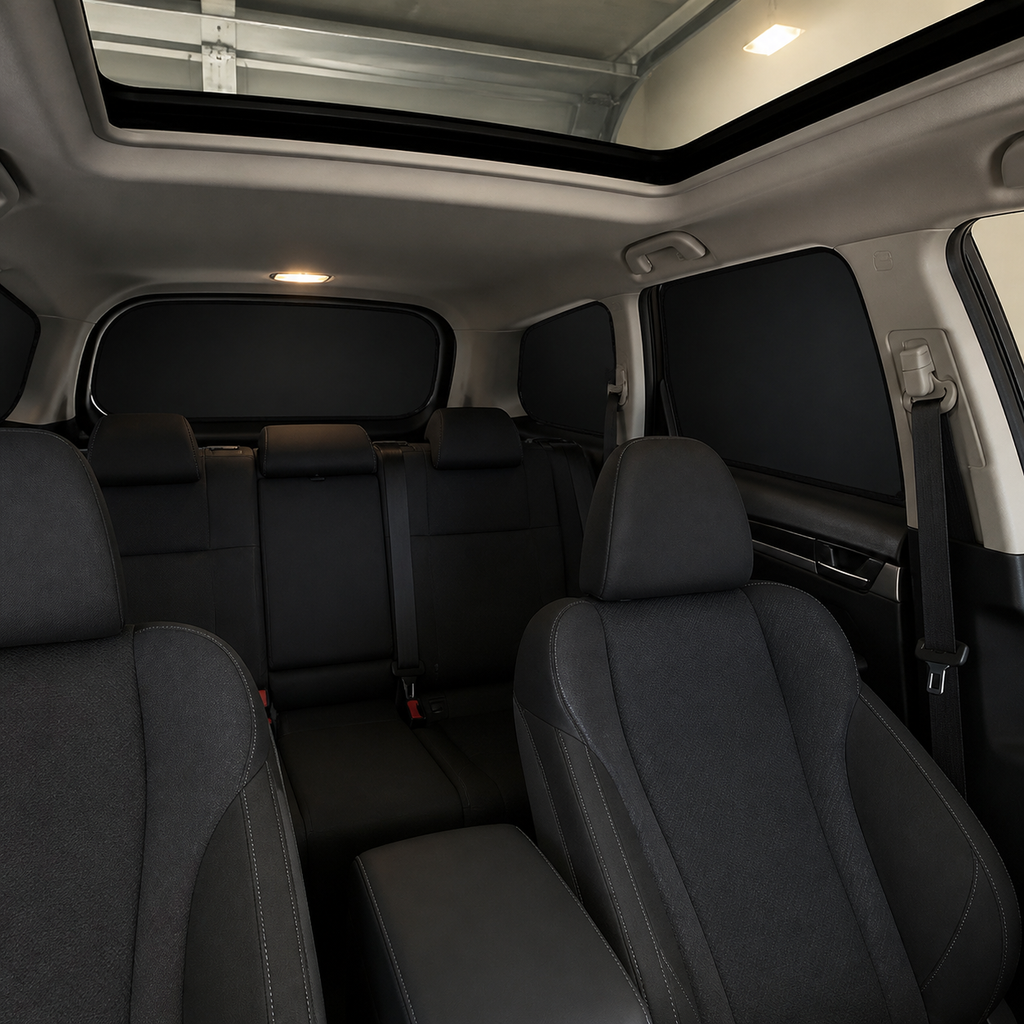 Second parked-cabin privacy view with fitted blackout panels