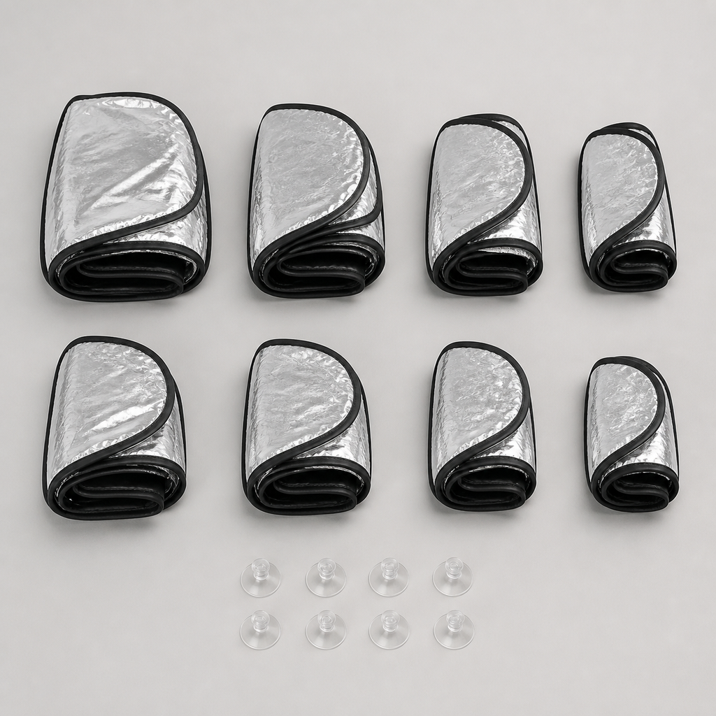 Eight twist-folded blackout panels ready for compact storage