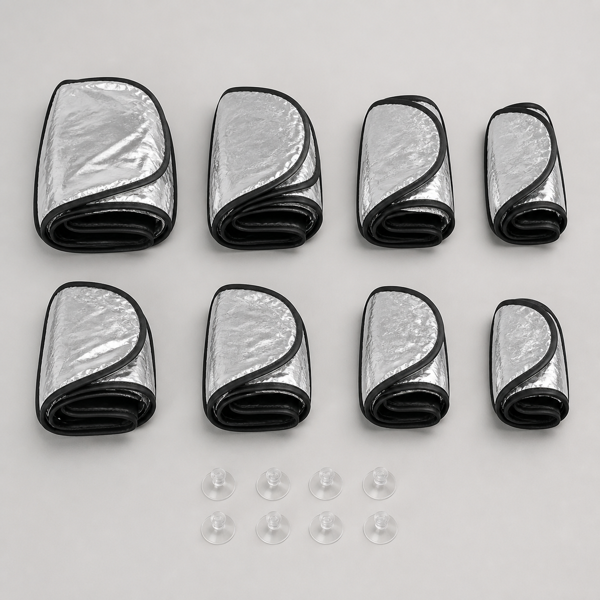 Eight twist-folded blackout panels ready for compact storage