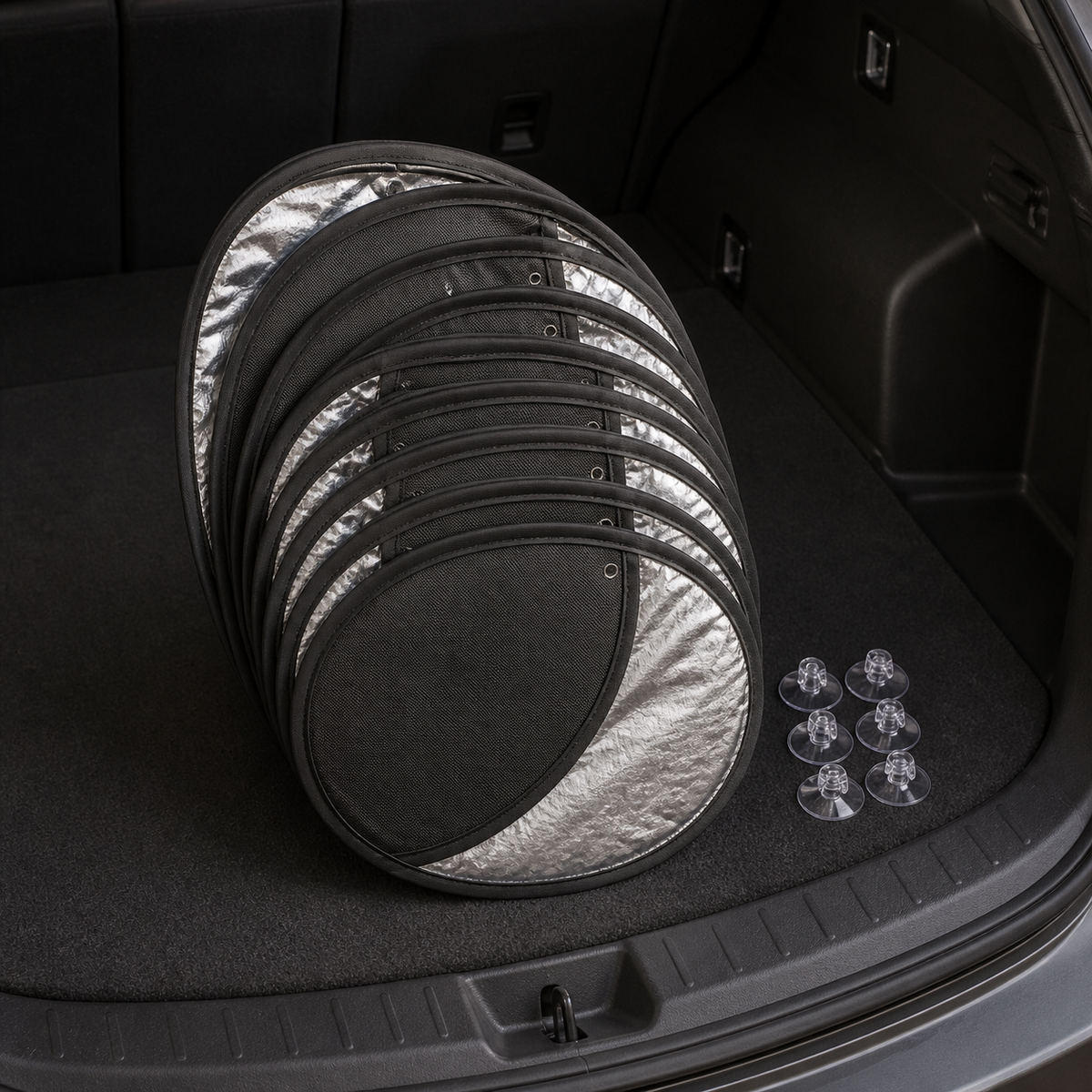 Eight twist-folded blackout panels ready for compact storage