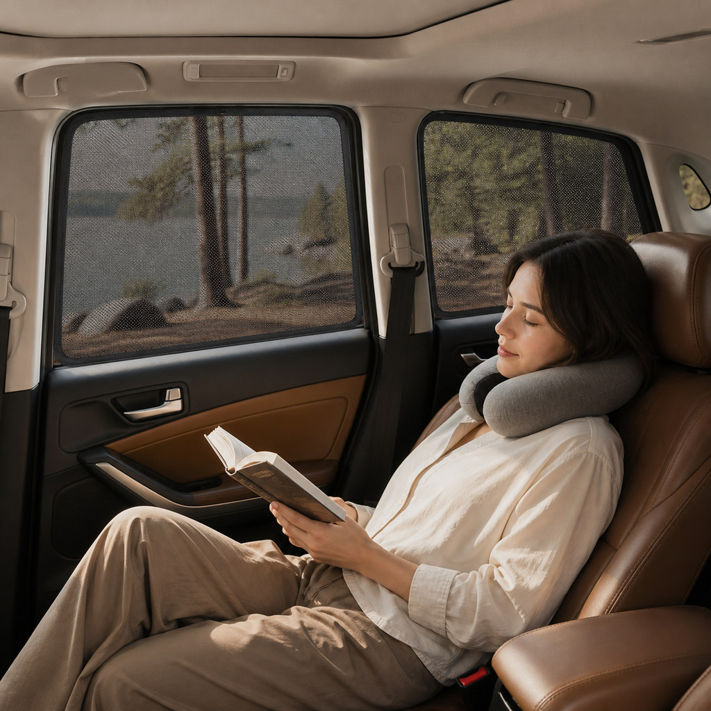 Passenger relaxing beside fitted breathable mesh window shades