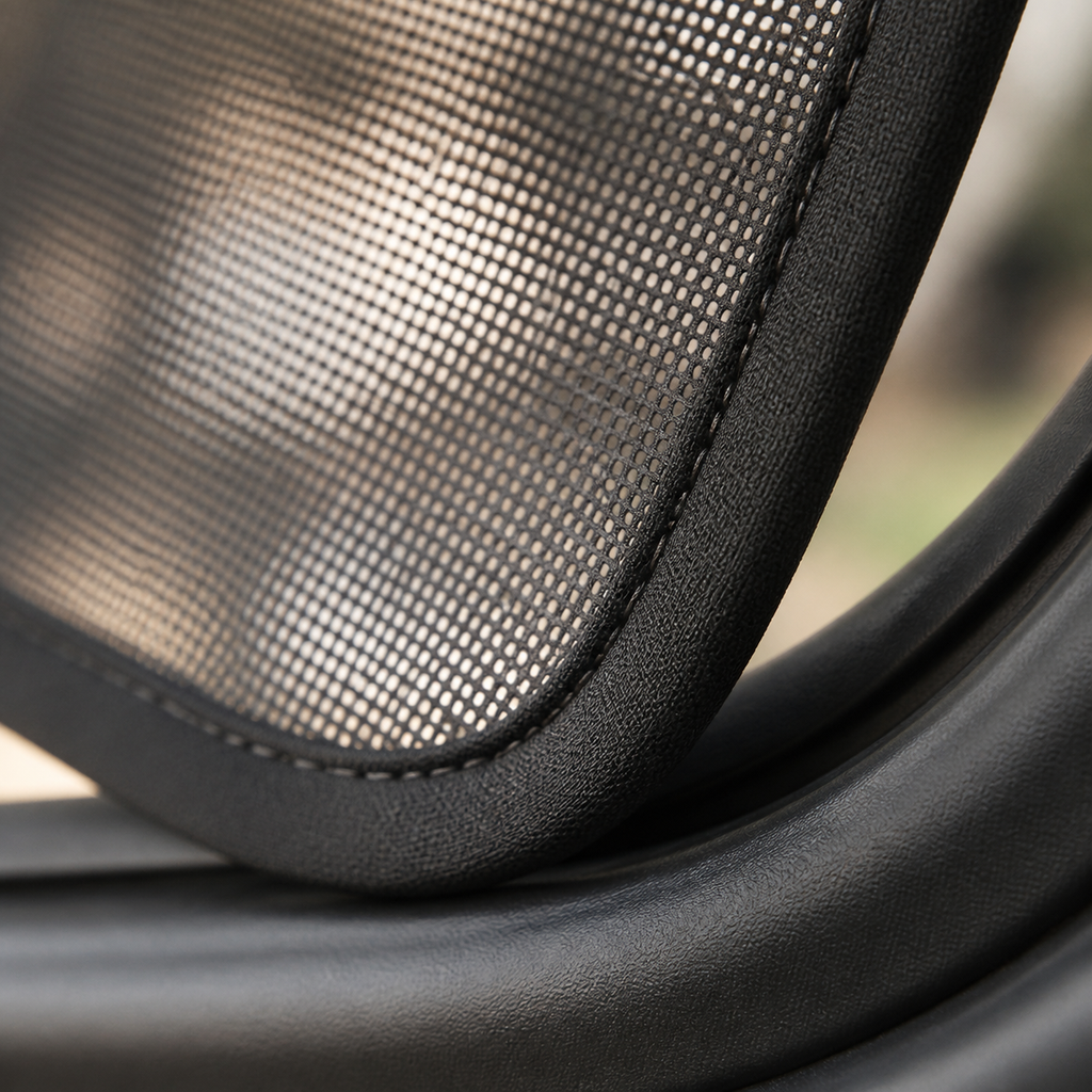Macro view of fine black mesh and bound perimeter stitching