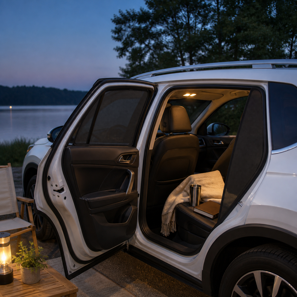 Parked SUV at a quiet lakeside stop with fitted mesh shades