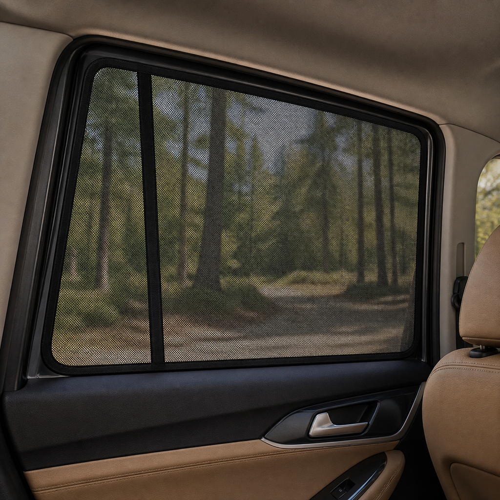 Custom-fit black mesh shade fitted in a RAV4 side window