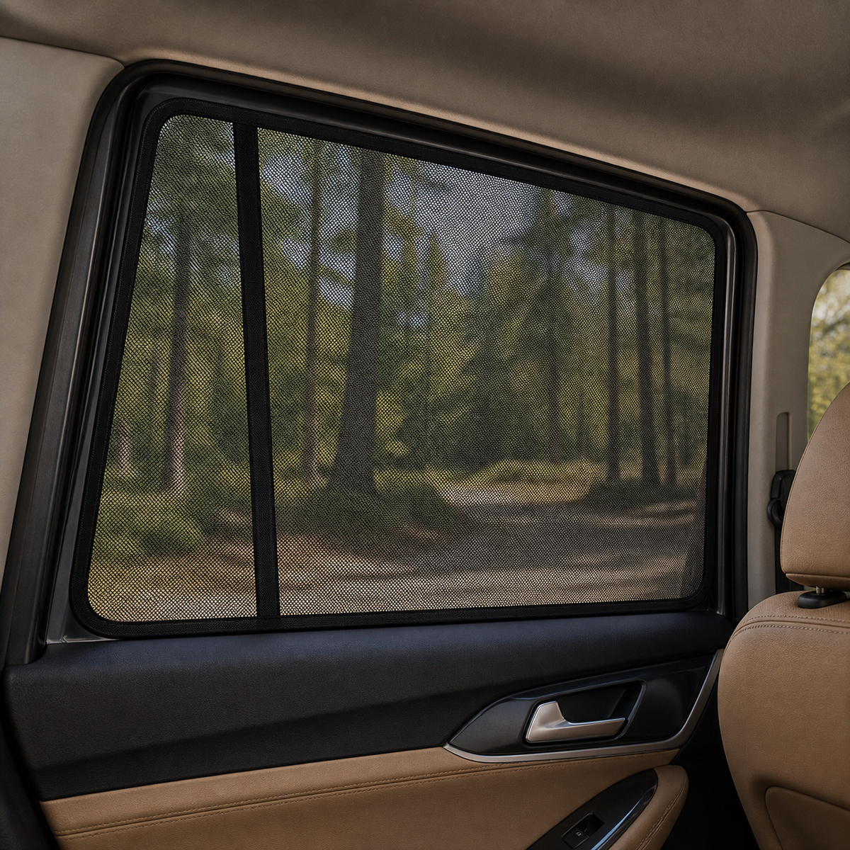 Custom-fit black mesh shade fitted in a RAV4 side window